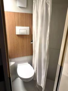 a small bathroom with a toilet and a shower at Première Classe Tarbes - Bastillac in Tarbes