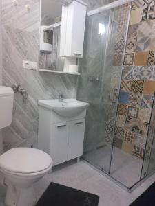 a bathroom with a shower and a toilet and a sink at Apartman Sava in Bosanski Šamac +5 photos