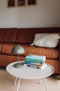 a table with a pile of books on it next to a couch at Apartamenty Wrzosowa 23 z garażem na rowery in Kudowa-Zdrój
