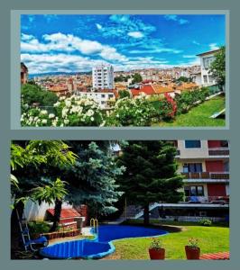 two pictures of a park with a playground and a city at Guest House Sofia in Sandanski