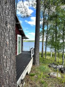 a cabin with a wooden deck next to a tree at Svens Stuga in Burträsk