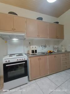 a kitchen with a white stove top oven next to cabinets at GIATRELOS HOUSE "near the shipwreck Zakynthos" in Volímai