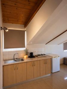 a kitchen with wooden cabinets and a sink at Akrogiali Studios - Nidri, Lefkada in Nydri