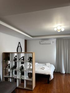 a bedroom with a bed and a book shelf at Cozy Corner Apartments in Bistriţa