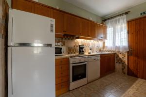 a kitchen with a white refrigerator and wooden cabinets at Ioanna Sunset Retreat in Chalkida