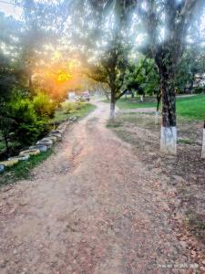 a dirt road with trees and the sun in the distance at Pousada Sítio do Aconchego Porto Feliz in Pôrto Feliz