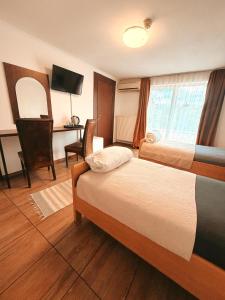 a bedroom with two beds and a desk and a television at Pensiunea Johanna in Arad