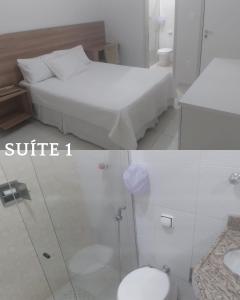 two pictures of a bedroom with a bed and a bathroom at Casa Cris e Edinho in Garanhuns
