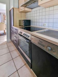 a kitchen with a stove top oven in a kitchen at Wolles Sonnenhaus in Wirdum