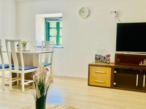 a living room with a television and a table with a vase of flowers at Apartma Elza in Tržič