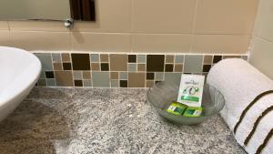a bathroom with a sink and a bowl of soap on a counter at Ibitur Hotel in Ibiúna