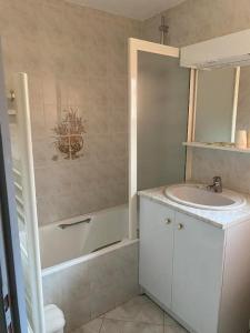 a bathroom with a sink and a bath tub and a sink at RELAIS du BECASSIER in Annot