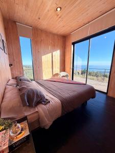 a bedroom with a bed with a view of the ocean at Gran Casa con Vista Increíble, Tinaja y WiFi in Cobquecura