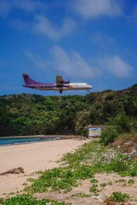 an airplane is flying over a beach with a beach at Le Condor House and Café in Con Dao