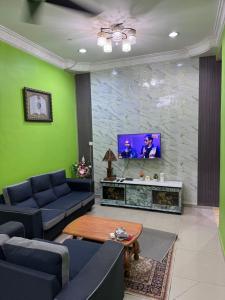 a living room with green walls and a flat screen tv at Labis Homestay Afina in Labis +8 photos