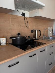 a kitchen with a sink and a pot on the stove at Karagay resort in Bosteri