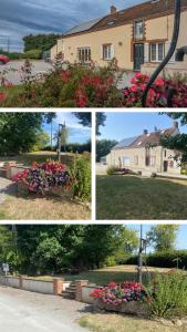 a group of four pictures of a house with flowers at Gîte Les Chaumes in Orsennes