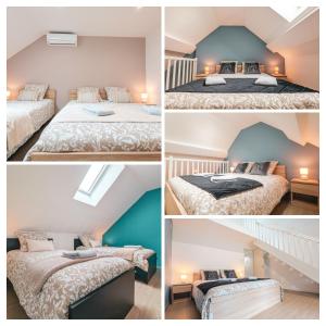 a collage of four pictures of a room with two beds at Gîte Les Chaumes in Orsennes +2 photos