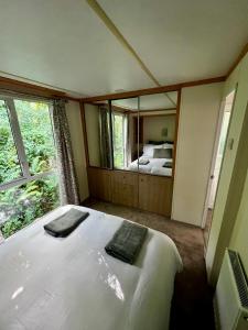 a bedroom with a large bed and a large window at Devon Tor View Country Retreat in Bratton Clovelly