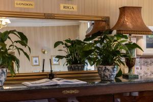 an open book on a table with two potted plants at Gertrude Hotel self check-in in Riga