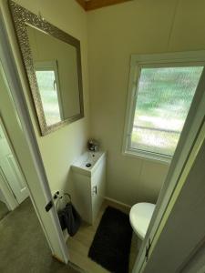 a bathroom with a toilet and a sink and a mirror at Devon Tor View Country Retreat in Bratton Clovelly +46 photos