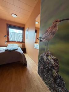 a bird sitting on a rock in a bedroom at Guesthouse Leon - Historic Home Near City Center with Free Parking in Tórshavn