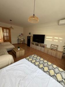 a living room with a bed and a flat screen tv at Casa Puerta de Toledo, a 8 minutos de Puy du Fou in Cobisa