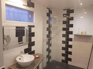 a black and white bathroom with a sink and a shower at le Tic Tac in Vergongheon +20 photos