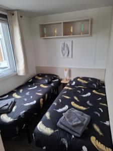 two beds in a room withalloween themed sheets at La plage in Canet-en-Roussillon