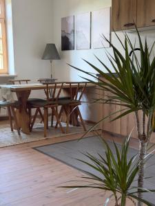 a living room with a wooden table and a plant at falternhof apartment - geschichte trifft auf design in Höslwang +17 photos