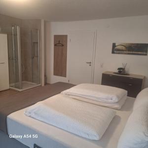a bedroom with two beds and a walk in shower at Gasthaus Sonne 2 in Braunsbach