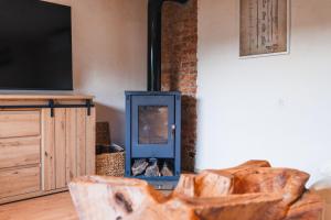 a fireplace in a living room with a tv at The Nook - Sauna, Pool, Ice Bath in Celje