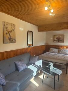 a living room with a couch and a bed at The Village Studio AVLI Upper Vrasna in Nea Vrasna