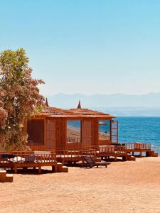 a wooden pavilion on a beach next to the ocean at Nour camp in Nuweiba