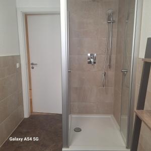 a shower with a glass door in a bathroom at Gasthaus Sonne 1 in Braunsbach
