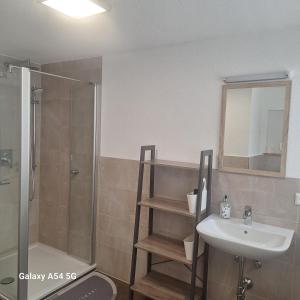 a bathroom with a sink and a shower and a toilet at Gasthaus Sonne 1 in Braunsbach