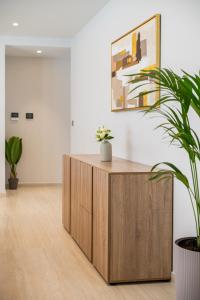 a wooden cabinet in a room with a potted plant at Besa Luxury Villas in Kos +78 photos