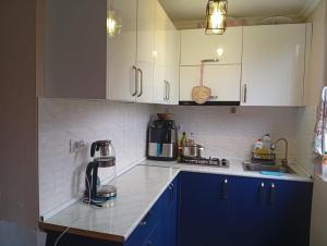 a kitchen with blue cabinets and a counter top at Nika's Home in Ureki