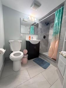 a bathroom with a toilet and a sink and a shower at Ideal Bachelor Suite For Couples in Aurora in Aurora