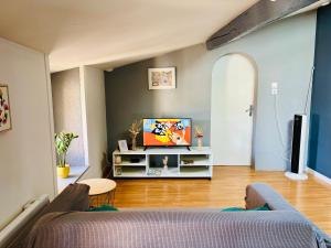 a living room with a couch and a tv at Zen Appartement Centre-ville historique in Niort