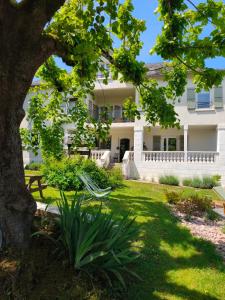 a house with a tree and a bench in the yard at Le Tilleul d'Hortense in Ussac