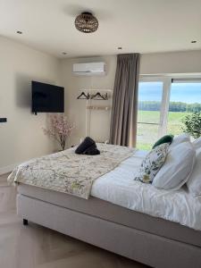 a bedroom with a large bed with a large window at B&B Bos en Dal in Blesdijke