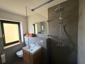 ein Badezimmer mit Dusche, Waschbecken und Toilette in der Unterkunft Am Scheunengarten in Klausdorf Brandenburg