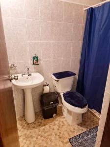 a bathroom with a toilet and a sink with a blue shower curtain at Casa Mayan in La Vigueta