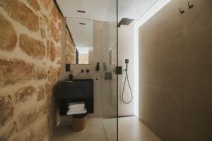 a bathroom with a shower with a sink and a mirror at Los ojos del Alai in Labastida +28 photos