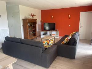 a living room with a couch and a tv at La Chouette du Freyr 3 chambres in Dinant