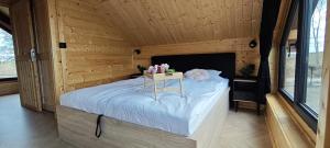 a bed in a wooden room with a table on it at Mazurska Puszcza domek pod brzozą in Dźwierzuty