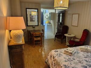 a bedroom with a bed and a table and chairs at Studio chez Jef in Nuits-Saint-Georges