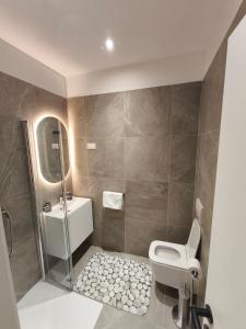 a bathroom with a shower and a toilet and a sink at Olive Tree Apartment in Kaštela +11 photos
