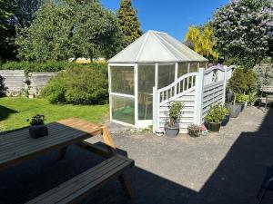 ein Gewächshaus in einem Garten mit Topfpflanzen in der Unterkunft Plads til 5 in Samsø